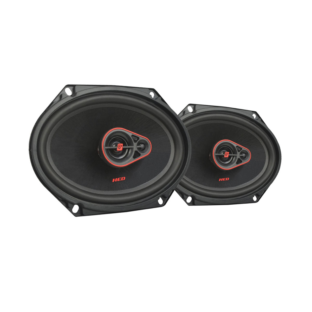 Two oval black HED Coaxial speakers with a central red and black dome; the larger is on the left. Both have "HED" in red text near the bottom and feature mounting holes at the corners for installation.
