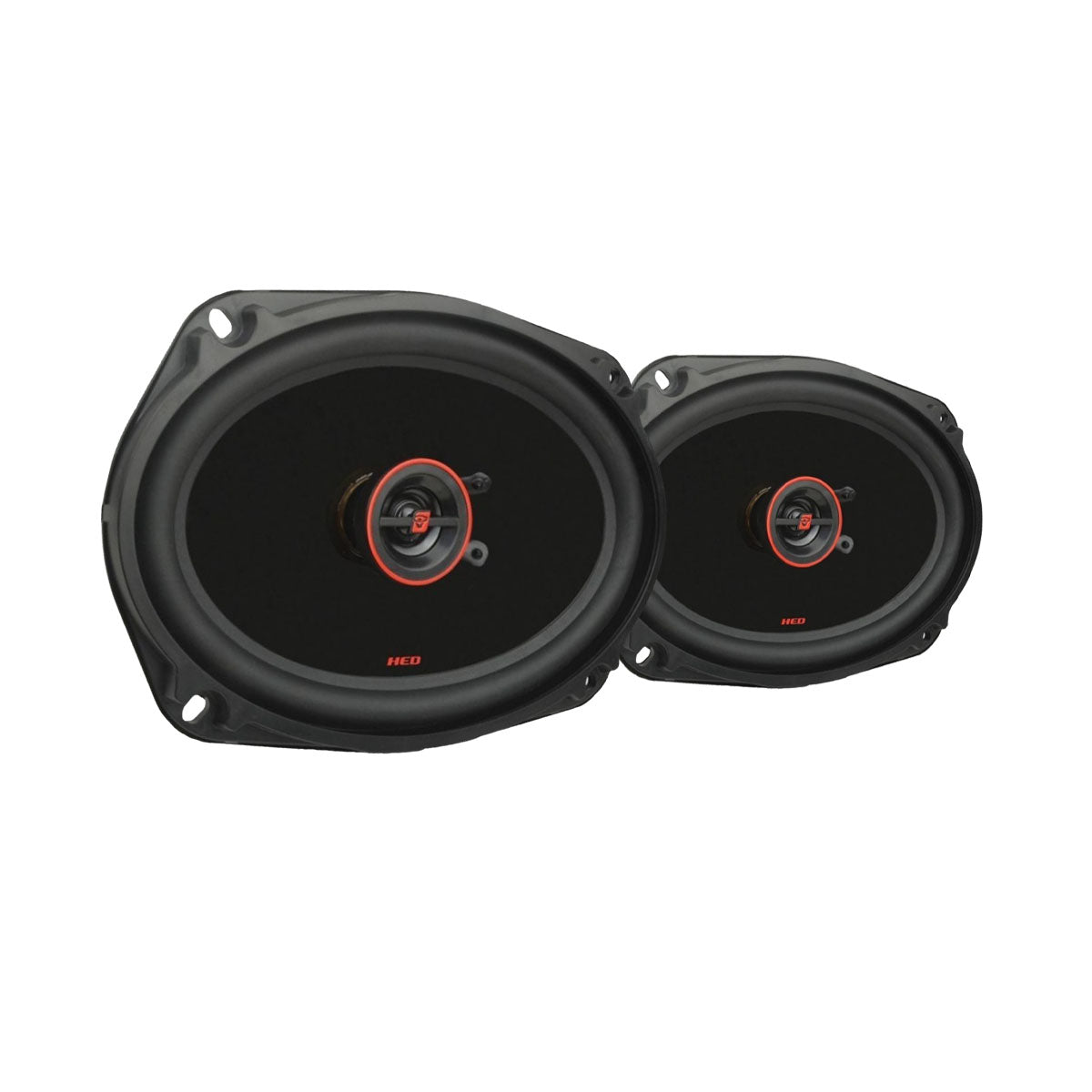Two oval HED Coaxial speakers, one smaller and positioned in front of the larger, both in black with red accents. Each has a circular central component featuring "HED" near the bottom edge.