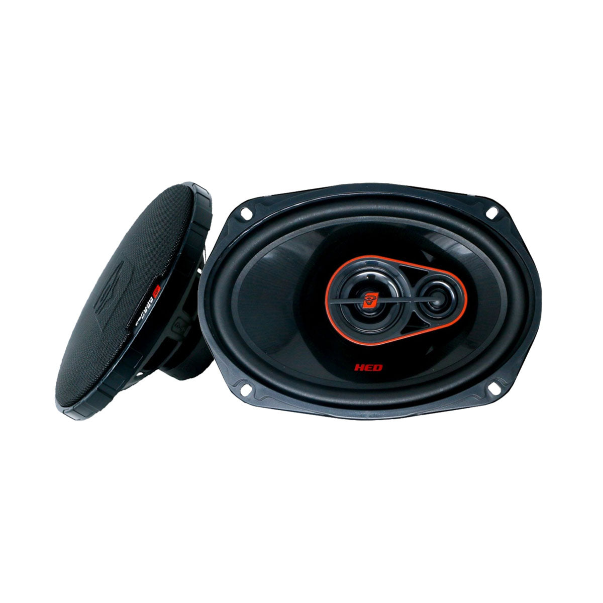 Two black oval HED Coaxial car speakers with red "HED" logos on a white background: one shows concentric circles and a red accent on its face, while the other displays its side profile, emphasizing depth and textured cover.