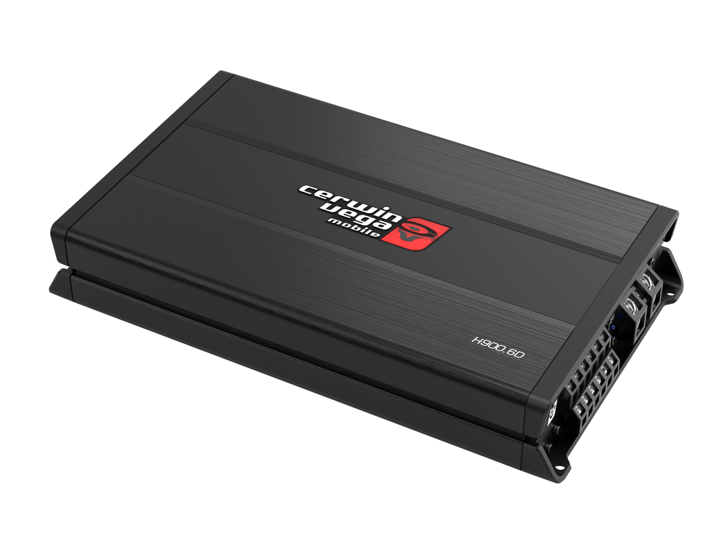 A sleek black HED Amplifier, displaying the "Cerwin Vega" logo and model "H400.60" in white, features smooth edges, lateral grooves, and visible connector ports on one end.