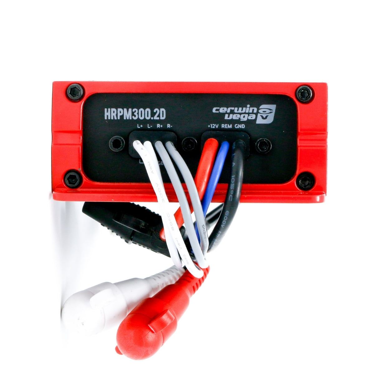 The Cerwin Vega RPM HED HRPM300.2D Marine Grade Amplifier is viewed from the side with blue, black, white, and red cables. Its sleek black panel features labeled ports: 'L', 'R', '-12V', 'REM', and 'GND' for easy connections.