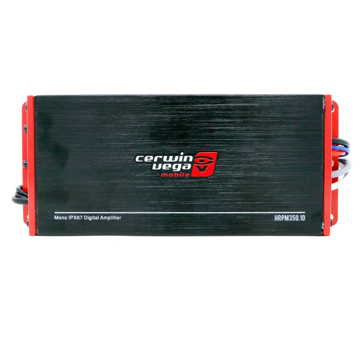 The Cerwin Vega RPM HED Marine Grade Class D Monoblock Amplifier (model HRPM350.1D) is a black and red IPX67 digital marine amplifier with the brand name in white and a red logo on the front panel, metallic side accents, visible wiring on either side, set against a white background.