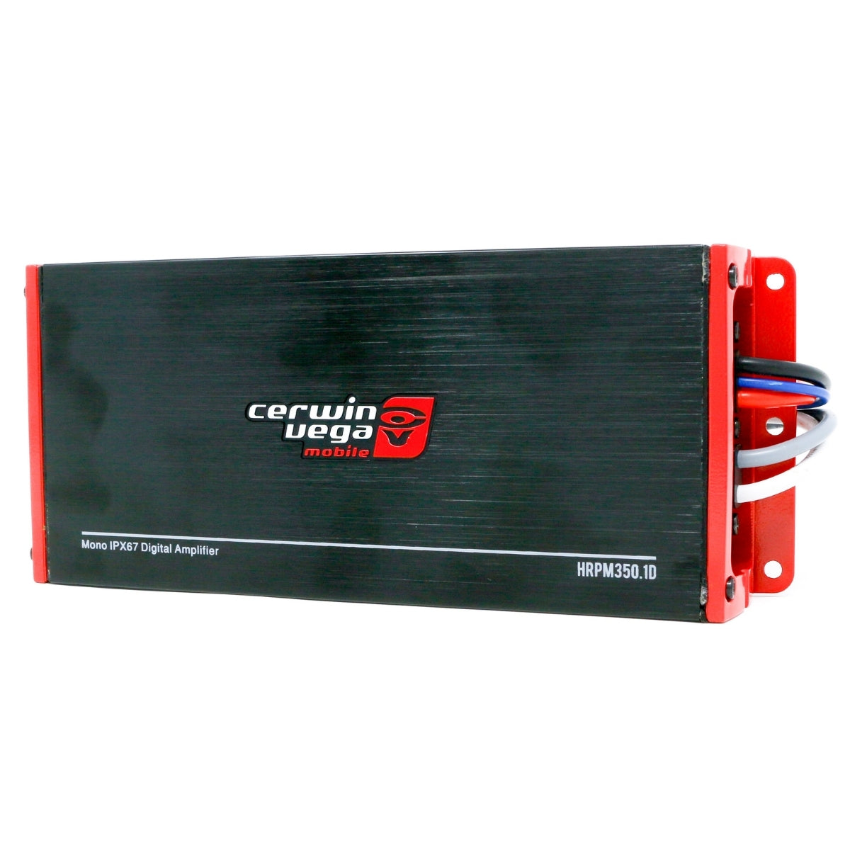 The Cerwin Vega RPM HED Marine Grade Class D Monoblock Amplifier - HRPM350.1D features a rectangular black design with red accents and the brand logo in red and white on top. Its sleek brushed metal look is ideal for outdoor audio systems, with visible side wires enhancing its functionality.