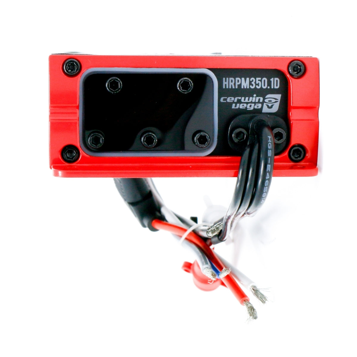 A red "RPM HED Marine Amplifiers" device with a "Cerwin Vega" logo has a black panel featuring four port holes. It includes wires extending from the bottom: two red, one black, and one transparent. It's positioned vertically with visible corner screws.