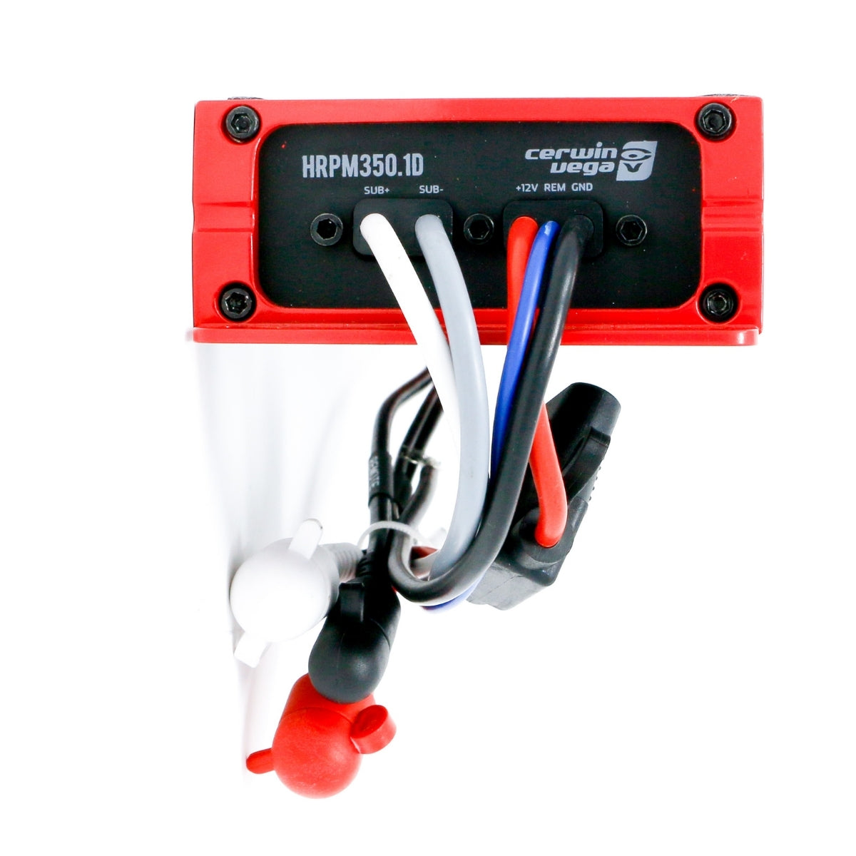 The Cerwin Vega RPM HED Marine Grade Class D Monoblock Amplifier HRPM350.1D is mounted on a white surface, featuring visible red and black wiring with three white, black, and red wires extending from the bottom and a cluster of cables. The brand logo and model are displayed on top.