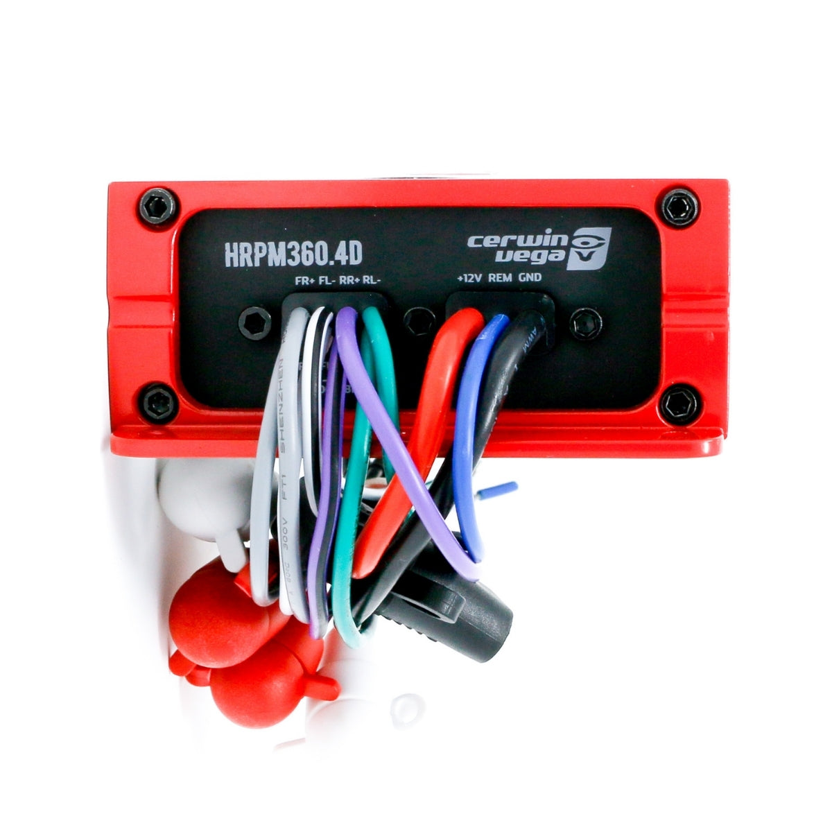 The Cerwin Vega RPM HED Marine Grade Class D 4 Channel Amplifier, model HRPM360.4D, is red and waterproof with multicolored wires labeled "+12V REM GND." It includes white, green, blue, violet, black, orange wires and exposed copper secured by four red and white plastic caps.