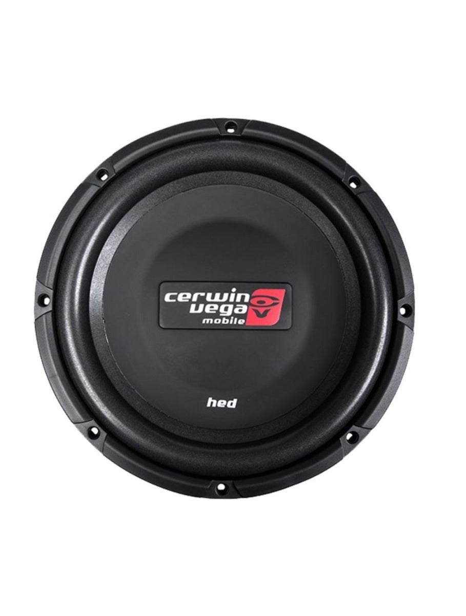 Image of a round HED Series Cerwin Vega subwoofer with a black casing and dark gray dome displaying "cerwin vega mobile" and a red logo, shown from above to highlight its circular design.