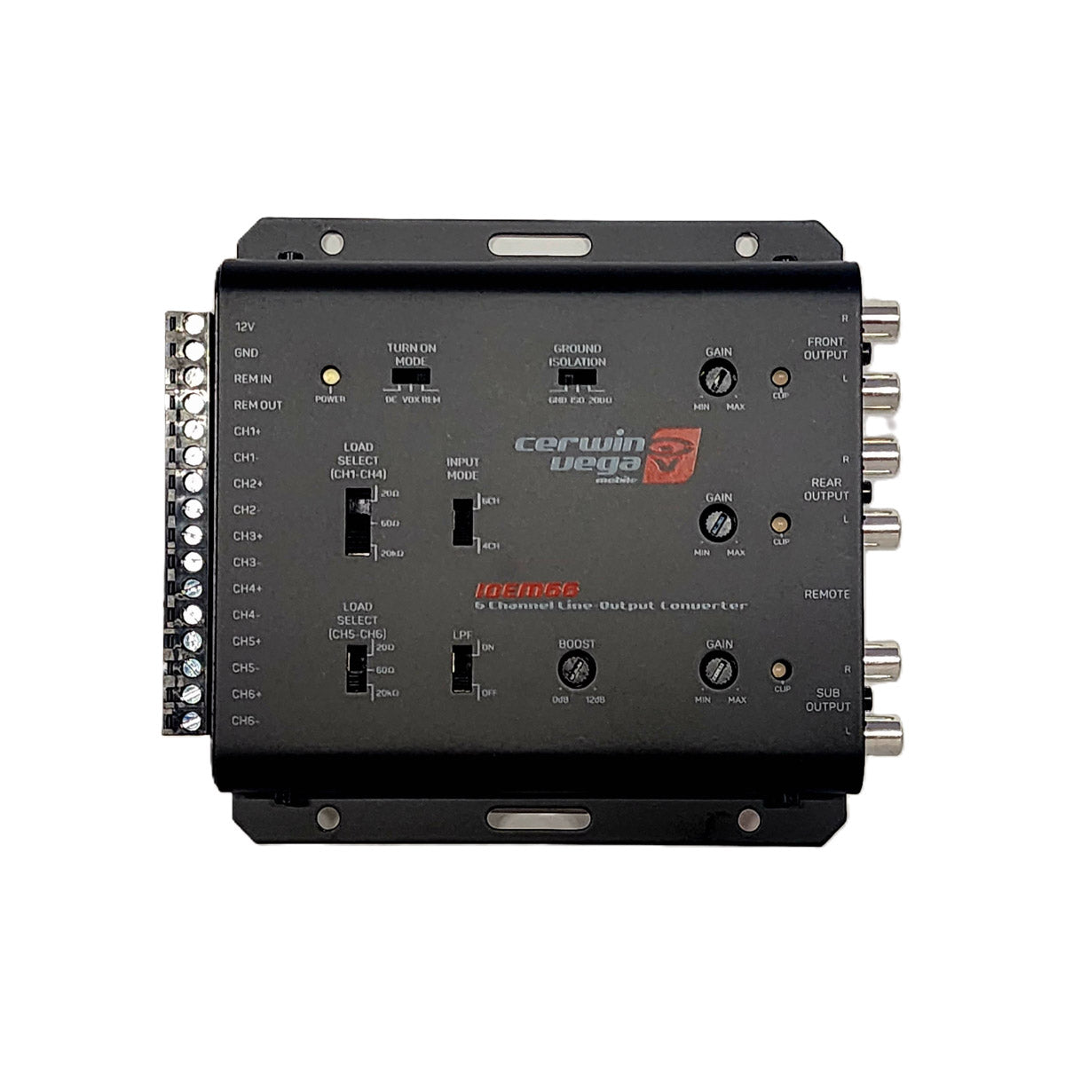 The Black Cerwin Vega IOEM66 line output converter elevates your car audio system with adjustment knobs, switches, and input/output ports. The front features the brand logo and "IOEM66" model name. It includes channel selectors, an input mode switch, boost control, RCA outputs, and silver screws—perfect for aftermarket amplifiers.