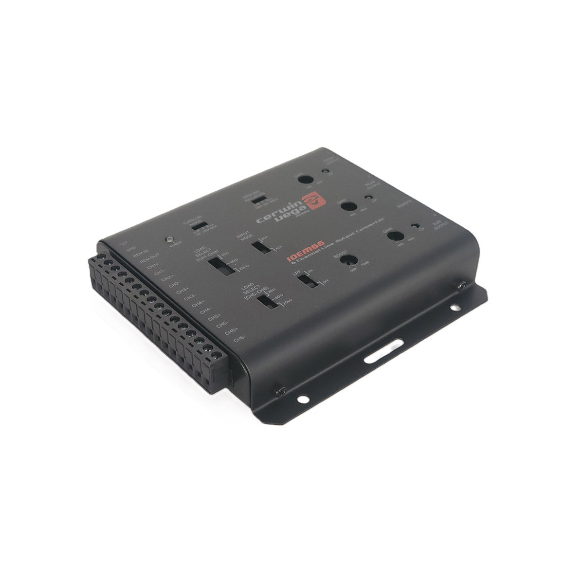 The IOEM66 is a black electronic control module for car audio systems and aftermarket amplifiers. It features multiple slots, connectors labeled "Control 6" and "hifonics," a flat base with mounting holes, and terminal connections elegantly displayed on a reflective white surface.