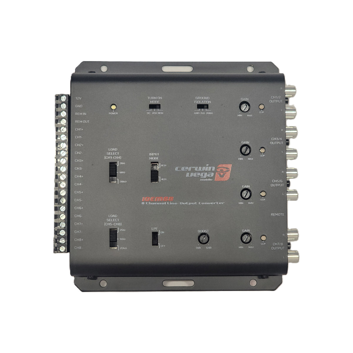 The IOEM88, a black Cerwin Vega line output converter, integrates into your car audio system with ease. It has switches, dials, labeled inputs/outputs; terminals on the left and round connectors on the right. The brand logo is centrally displayed on this rectangular device.