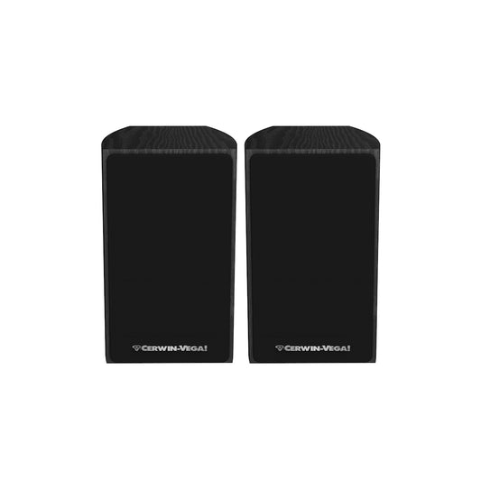 Two black LA Series Home Audio Speakers by Cerwin-Vega are side by side against a white background. Each has a rectangular shape, smooth front panel, and the white Cerwin-Vega logo near the bottom, with a minimalist design featuring dark grille covers.