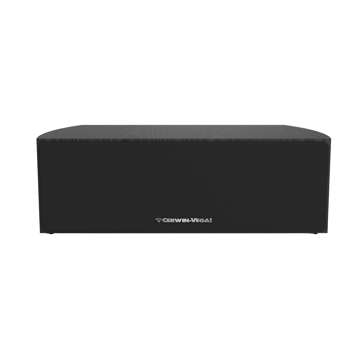 A sleek black rectangular speaker, the Cerwin-Vega 4” 2-WAY CENTER CHANNEL SPEAKER - LA24, features a white logo on the grille. It has a minimalist design with a smooth fabric surface and rounded edges for premium sound, set against a plain white background.
