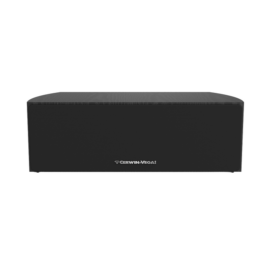 A sleek black rectangular speaker, the Cerwin-Vega 4” 2-WAY CENTER CHANNEL SPEAKER - LA24, features a white logo on the grille. It has a minimalist design with a smooth fabric surface and rounded edges for premium sound, set against a plain white background.