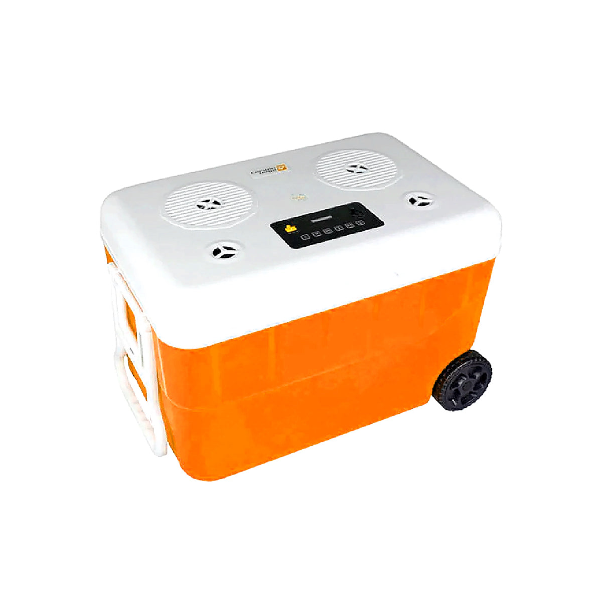The 55QT Orange Cooler, model CVC65OR, features 6.5" marine speakers with Bluetooth streaming, a phone charger, and a 10-hour battery. Its white lid has two speaker grilles and a control panel. A convenient handle and black wheels make this portable cooler ideal for on-the-go fun.