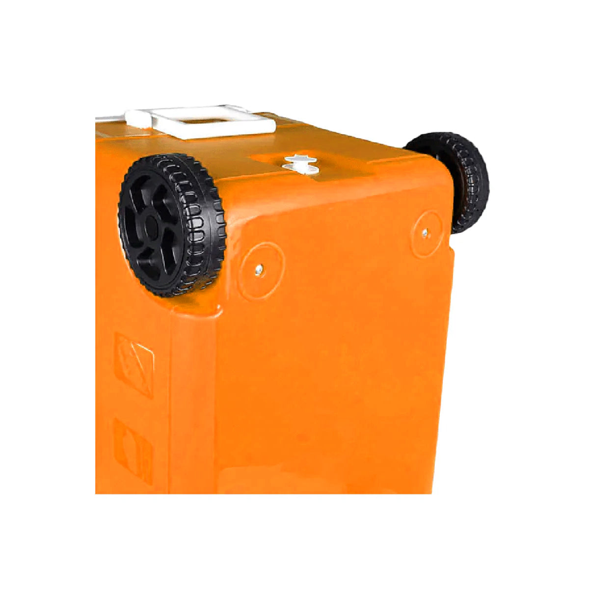 The 55QT Orange Cooler, model CVC65OR, features two black plastic wheels and a white handle on top. It boasts sleek wheeled design, embossed sides, built-in 6.5" marine speakers for Bluetooth streaming, a phone charger, and a 10-hour battery life against a plain white background.