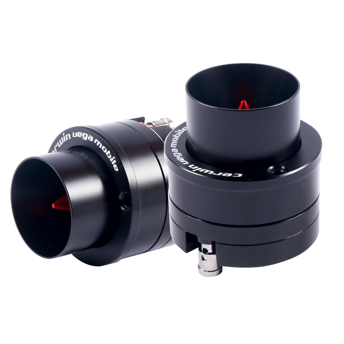 Two cylindrical telescope collimators from Celestron, featuring reflective surfaces and glowing red laser beams, reflect the precision of the Pro Series 1" Titanium Component Horn Tweeter - P175T. Ridged and intricately designed, they are angled with one slightly behind the other.