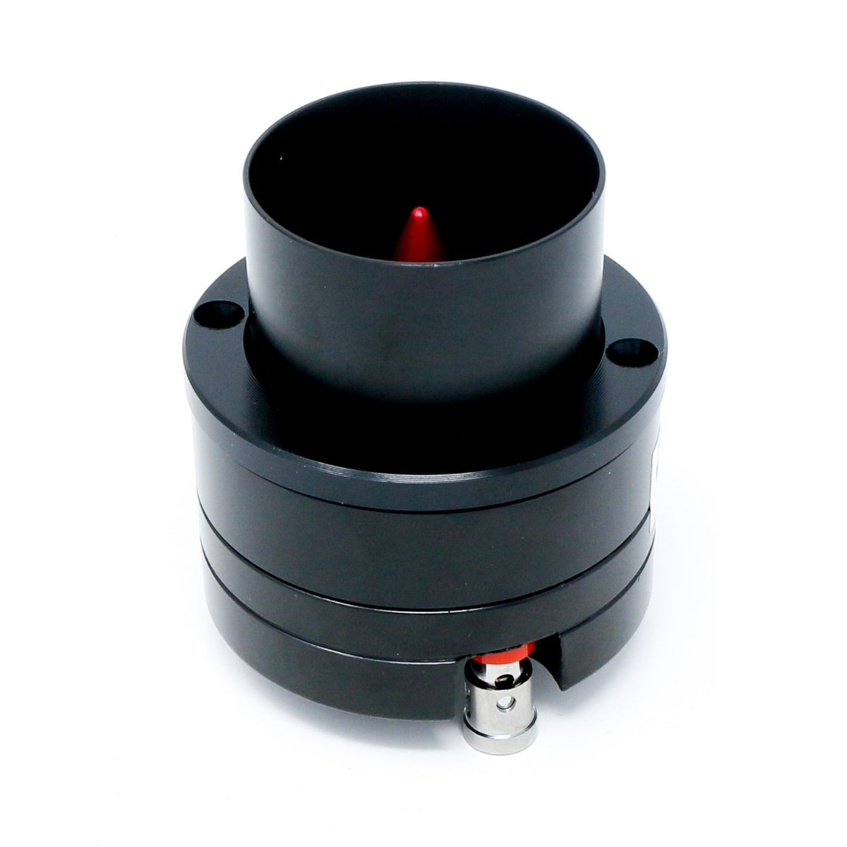 A black cylindrical connector with a rounded top and a red interior, reminiscent of the CERWIN-VEGA MOBILE design. Its matte finish is accented by small screws, while the metal plug offers precision akin to the Pro Series 1" Titanium Component Horn Tweeter - P175T.