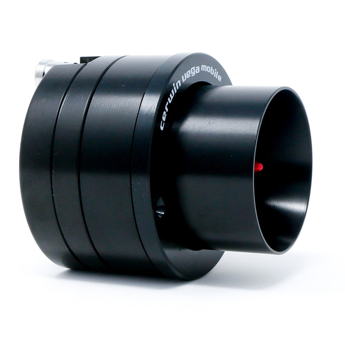 The black cylindrical Pro Series 1" Titanium Component Horn Tweeter - P175T features visible external ridges and mounting hardware in a sleek, modern design. A wide open port reveals a small red accent, while "CERWIN-VEGA MOBILE PRO SERIES SPEAKERS" is elegantly printed on its surface for an eye-catching finish.