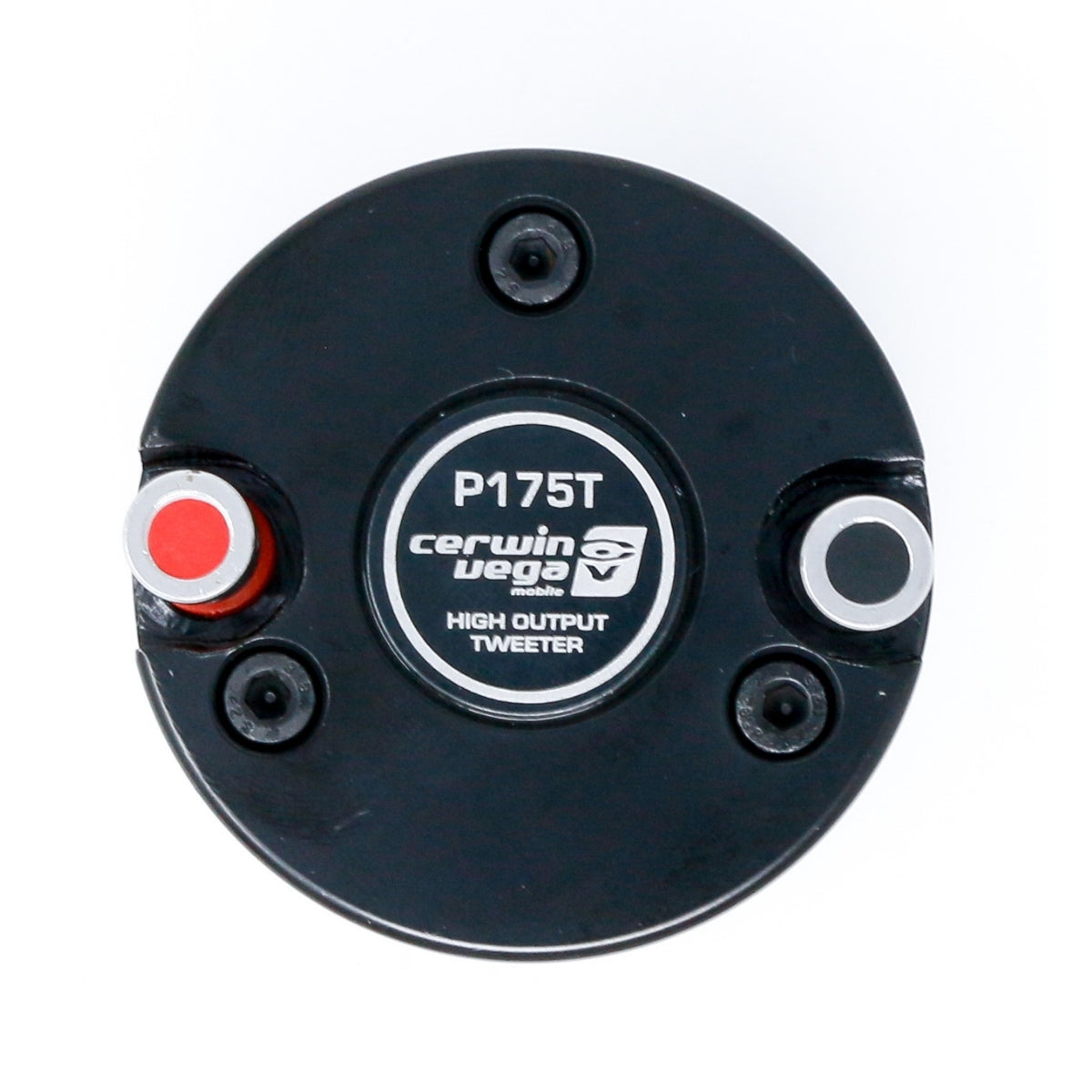 The Cerwin Vega Pro Series 1" Titanium Component P175T horn tweeter, black and circular, sports the brand logo and model name at its center. It features red and black connectors and evenly spaced bolt holes on its perimeter for easy installation.