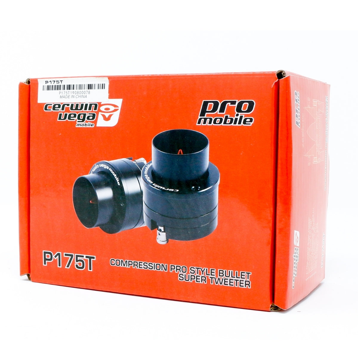 The vibrant red packaging for the Pro Series 1" Titanium Component Horn Tweeter -P175T highlights a black compression pro-style bullet super tweeter image. Product details, including model number and barcode, stand out against the white background, enhancing its dynamic design.