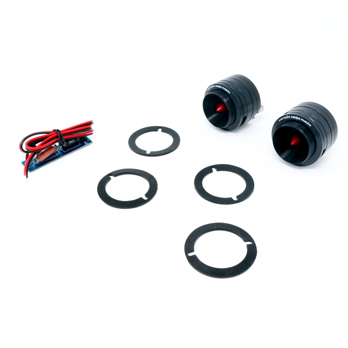 Two CERWIN-VEGA MOBILE Pro Series 1" Shallow Titanium Component Horn Tweeters in black with red accents, three round black mounting brackets with cutouts, and a small blue circuit board with red and black wires on a white background offer a compact design for high-quality sound.