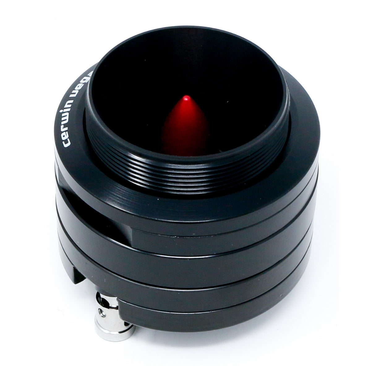 A black cylindrical audio component inscribed with "Cerwin-Vega Mobile" has ridged layers and a central hollow section with a red element inside, similar to the Pro Series 1" Shallow Titanium Component Horn Tweeter - P1SRT. A metallic connector decorates its bottom edge.