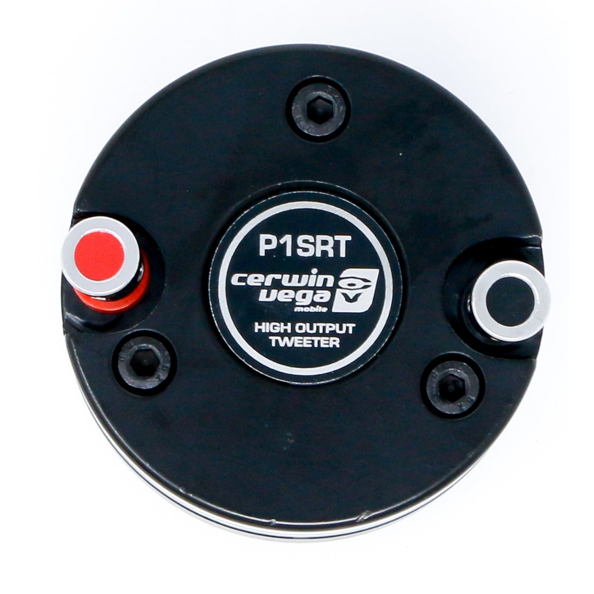 Close-up of the round Pro Series 1" Shallow Titanium Component Horn Tweeter - P1SRT by Cerwin Vega, featuring a black casing, white and red terminals, and the brand logo and model name printed in white on the front with mounting screw holes.