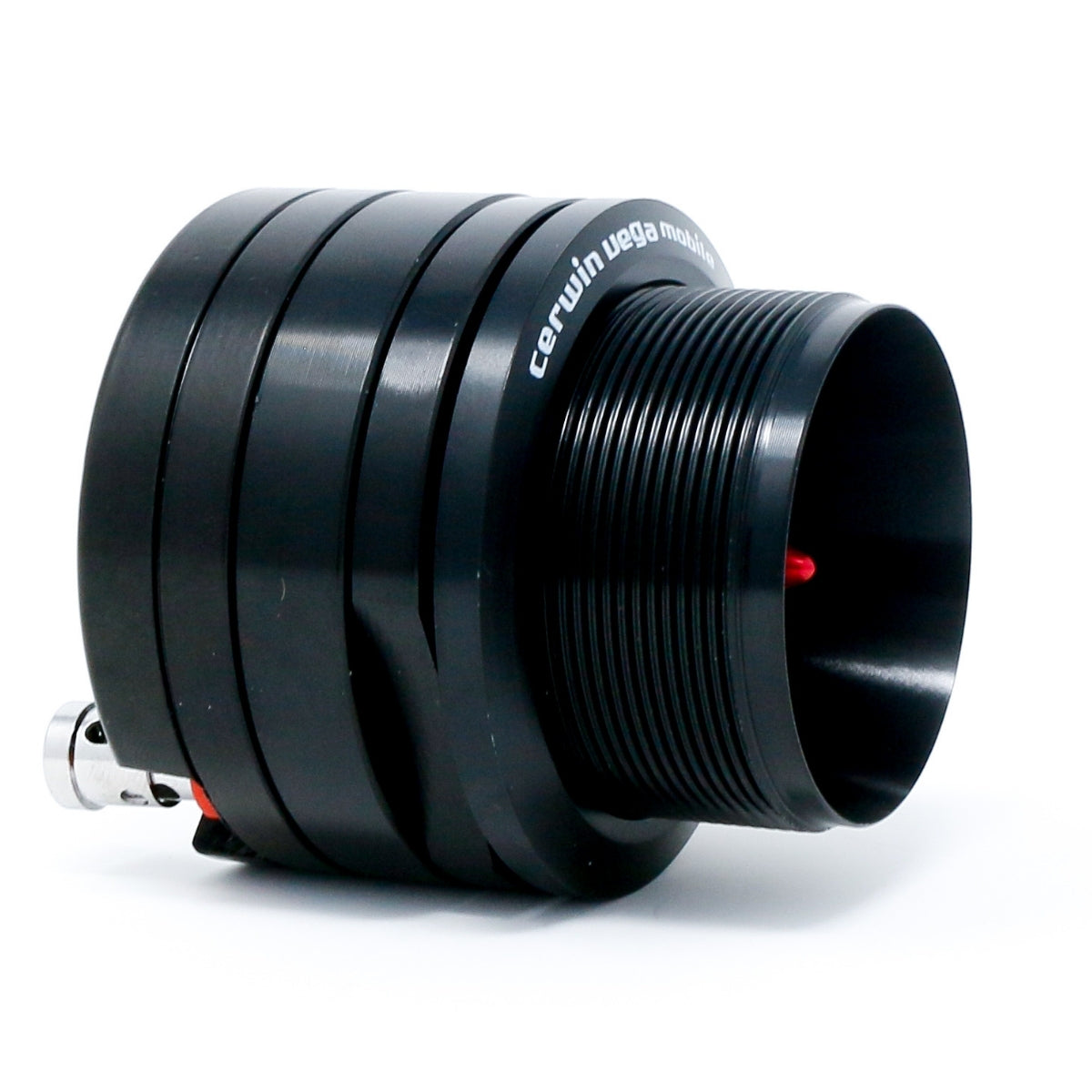 Close-up of the black Cerwin Vega Pro Series 1" PRO Audio High-Frequency Component Horn Tweeter - P1T, with a cylindrical shape and ridges. A red clip and metallic connector enhance its sleek surface.