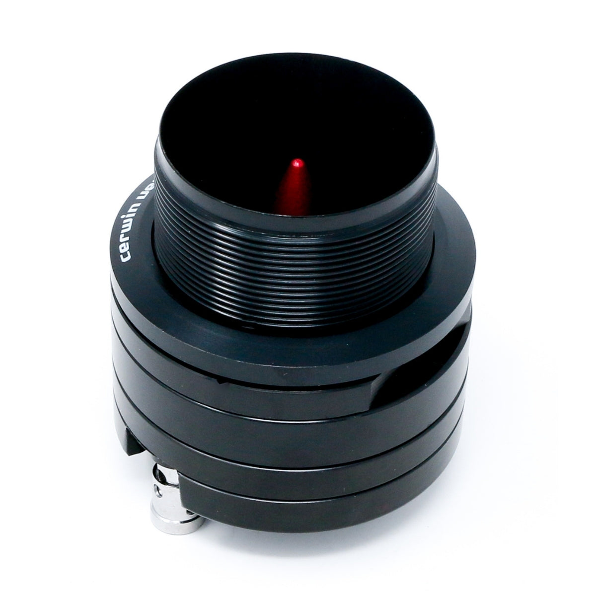A black cylindrical Pro Series 1" PRO Audio High Frequency Component Horn Tweeter (P1T) with ridged sides and a glossy finish, featuring a small red beam at the top center and a silver adjustment knob at the base. Set against a white background, it’s perfect for PRO Audio enthusiasts.