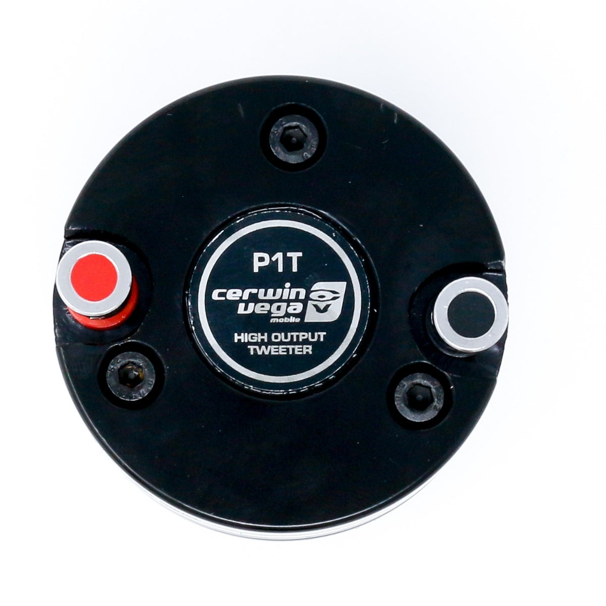 Close-up of a black Pro Series 1" PRO Audio High Frequency Component Horn Tweeter - P1T. It features the logo and model name in white text, red and black terminals with colored dots, and four screw holes around the perimeter to enhance its horn-like design.