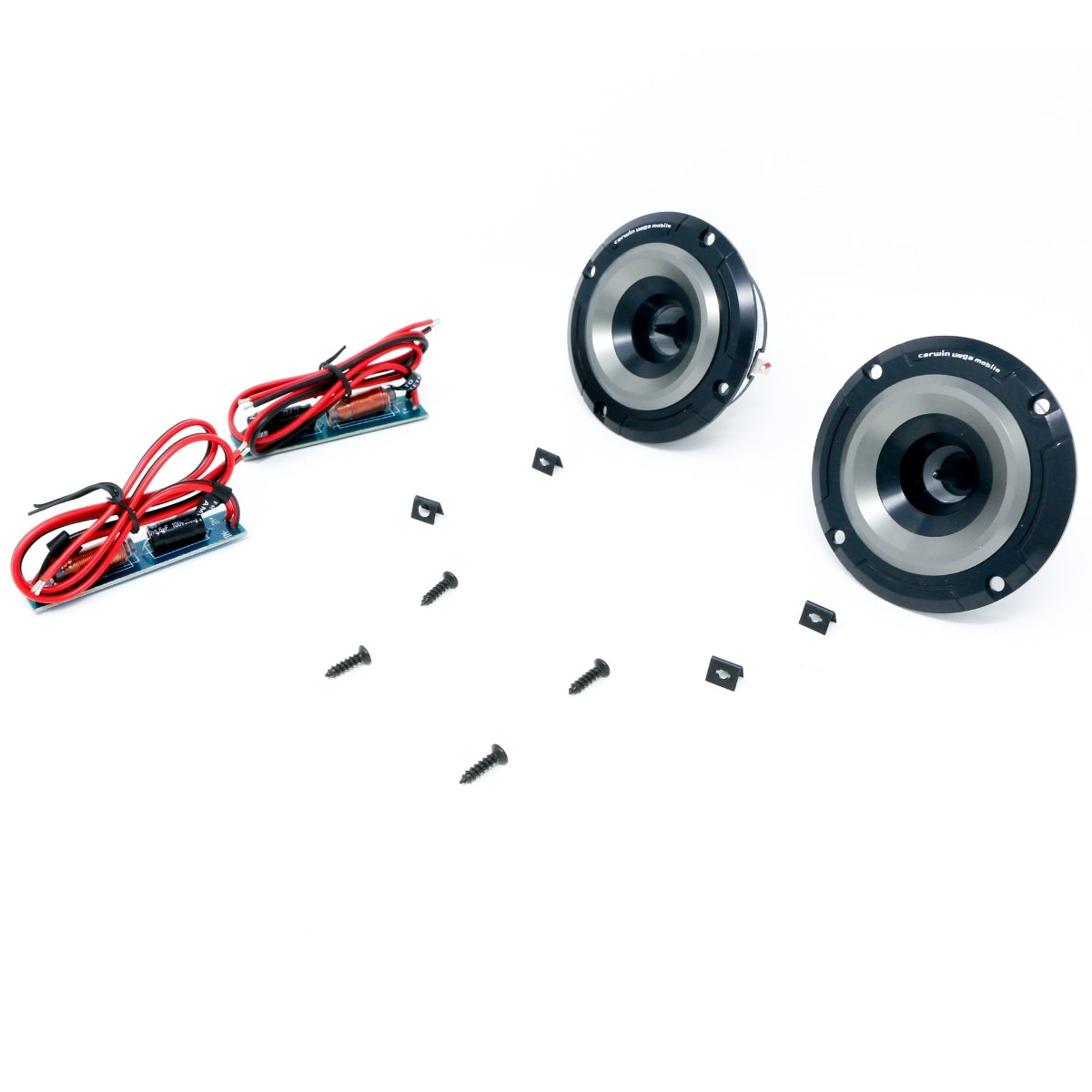 Two Pro Series 1" Shallow Titanium Component Horn Tweeters (P75T) in black and silver are on the right. To the left, two circuit boards feature coiled red and black wires. Scattered between them on a white background are five black screws and five square mounting clips.
