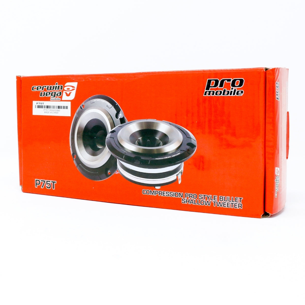 A red box presents the Cerwin Vega Pro Mobile P75T, branded "Cerwin-Vega," featuring a bullet-style shallow tweeter. Part of the PRO SERIES SPEAKERS line, it includes a "Compression Pro Style Bullet Shallow Tweeter." Side panels display barcodes and product details.