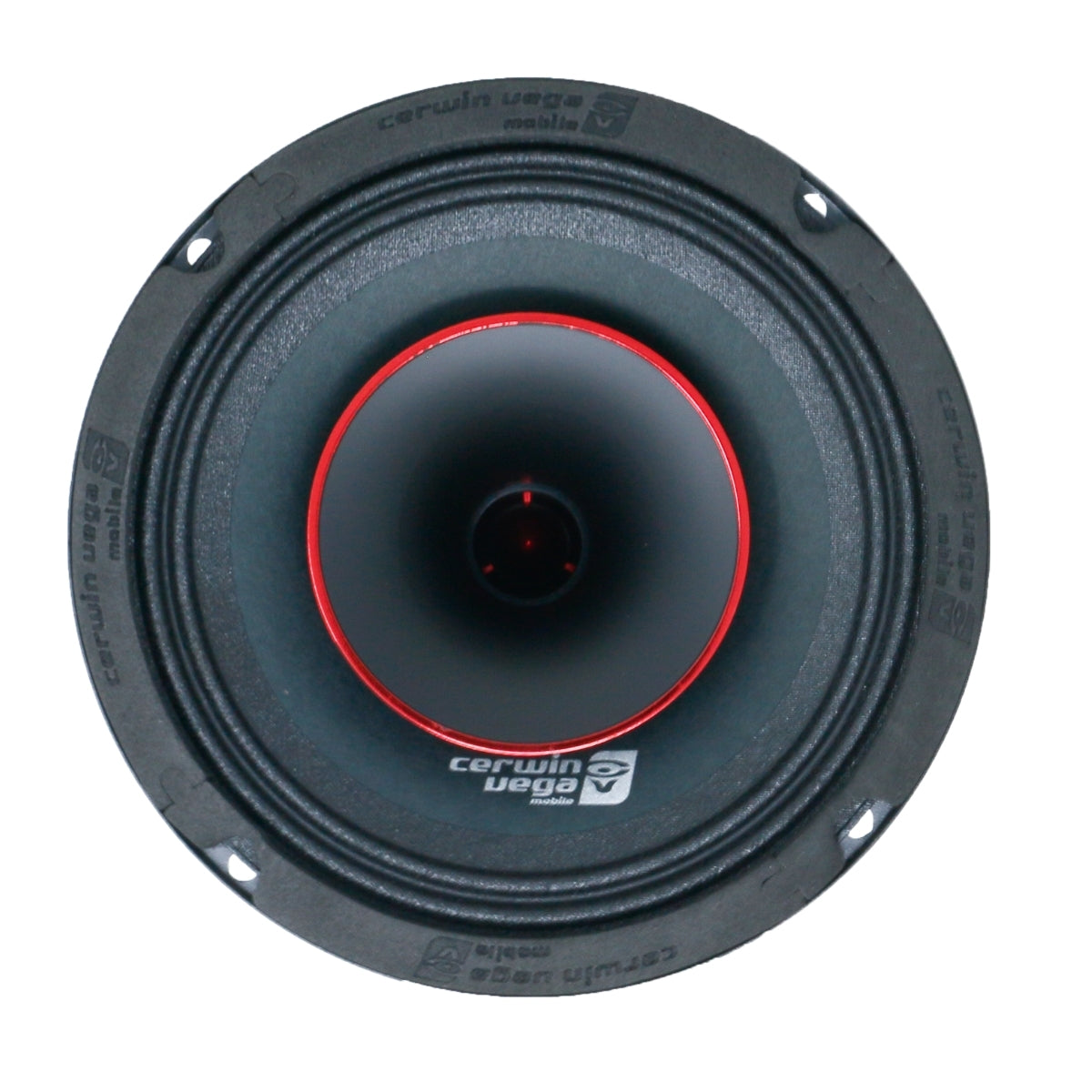 Close-up of a 6.5" Cerwin Vega PH654 speaker from the Pro Series, featuring a black cone with a vibrant red ring and the logo at the base. Designed for immersive sound with four mounting holes and intricate textures for enhanced audio quality.
