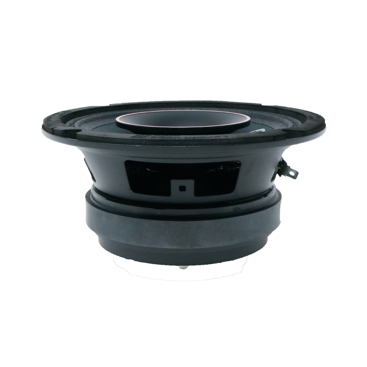 A side view of a Cerwin-Vega 6.5" 2-Way Pro Full-Range Coax Horn Speaker from the PH Pro Series against a white background highlights its circular shape, prominent cone, basket structure, textured rim, and visible connection terminals for an immersive listening experience.