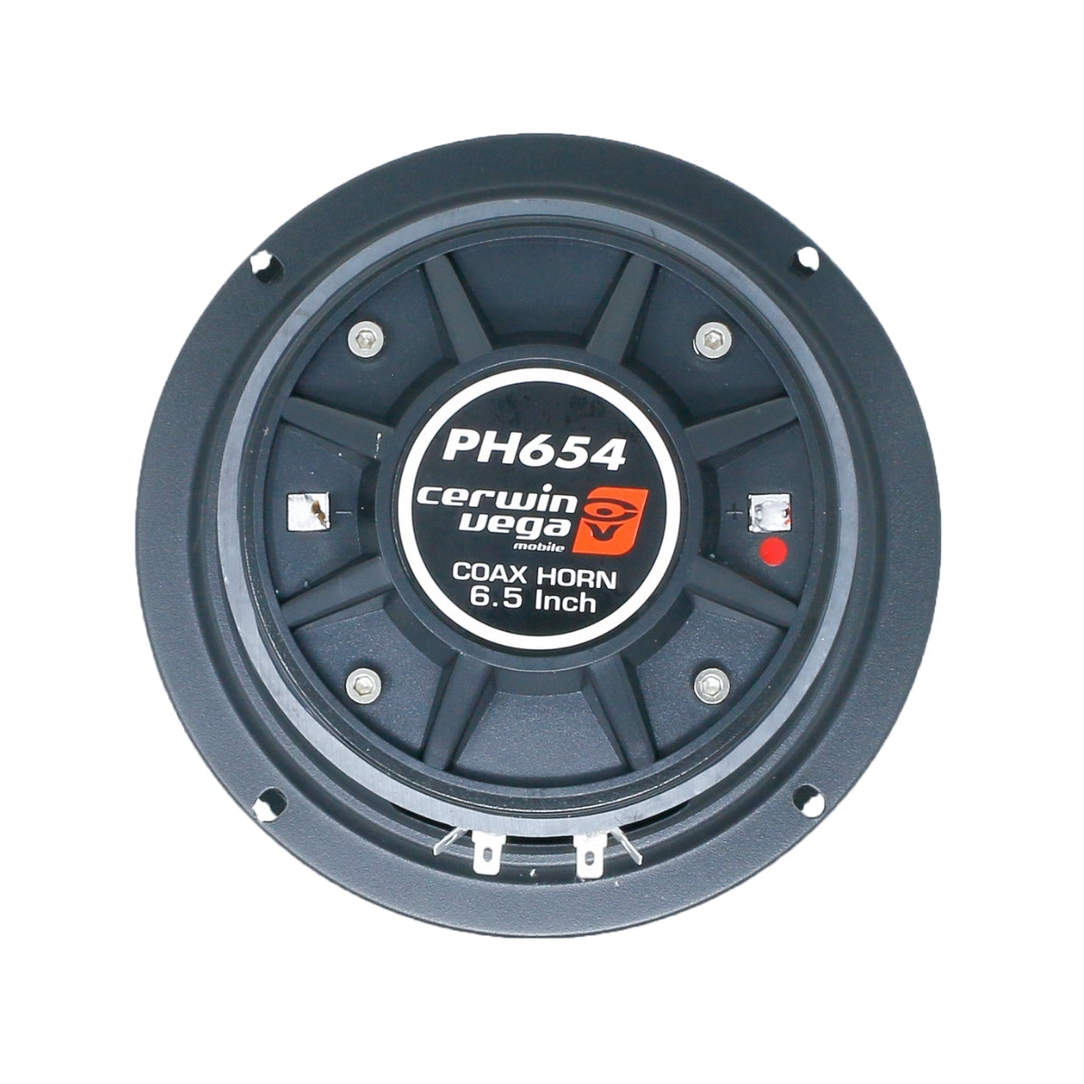 The Cerwin-Vega 6.5" 2-Way Pro Full-Range Coax Horn Speakers, PH654 model, offer an immersive experience with "COAX HORN 6.5 Inch" in white on a black casing, featuring coaxial speakers with a circular pattern, small silver connectors, and a distinctive red dot on the right side.