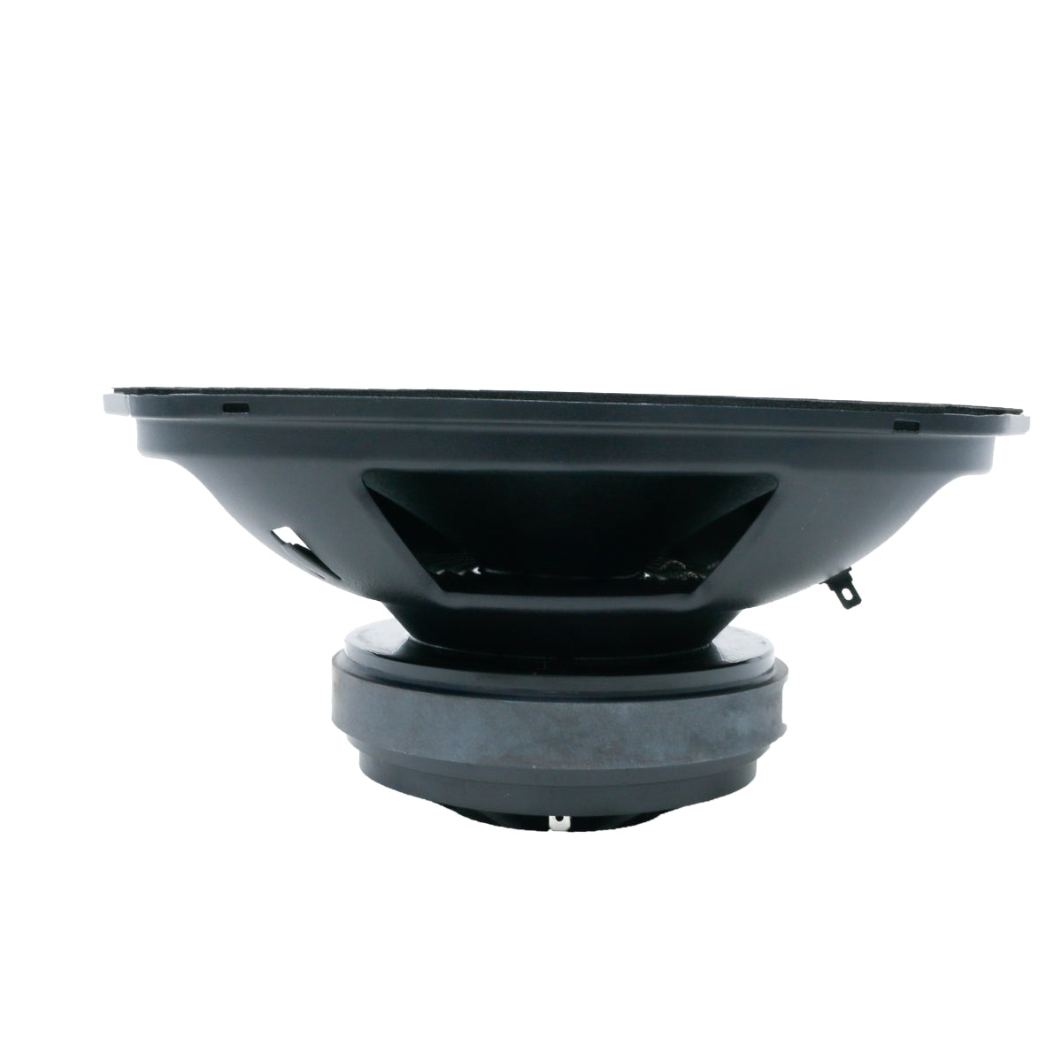 Side view of a black Cerwin-Vega PH694 speaker displays its cone, basket, and magnet assembly. Its slightly concave cone with a rubber edge enhances immersion. The vented basket shows internal parts, while the cylindrical magnet ensures stability.