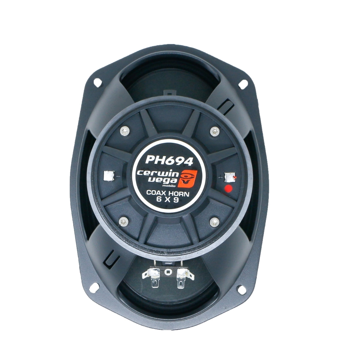 The image features a Cerwin Vega 6"x9" 2-Way Pro Full-Range Coax Horn Speaker, model PH694, with an oval shape from the Cerwin-Vega PH Pro Series. It offers immersive sound with a black casing accented in red, displaying the brand name and model details in white text, and visible terminals at the bottom.