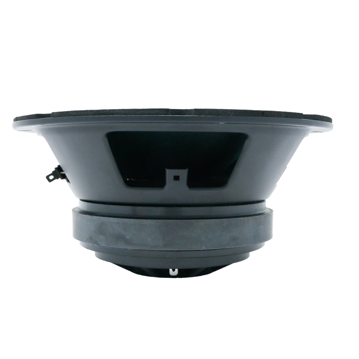 The image shows a side view of the Cerwin-Vega 8" 2-Way Pro Full-Range Coax Horn Speaker (PH84). It features a black cone and metallic frame with a sturdy base, designed for Pro Audio, set against a white background to highlight its basket and magnet assembly.