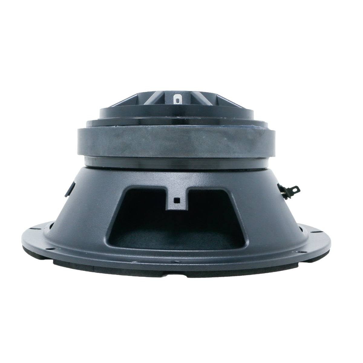 The black Cerwin-Vega 8" 2-Way Pro Full-Range Coax Horn Speaker (PH84) is shown from a side angle against a plain white background. With its large cone, sturdy metal frame, and visible coil structure, the speaker's angular cutouts highlight its robust design for durability and powerful sound output.