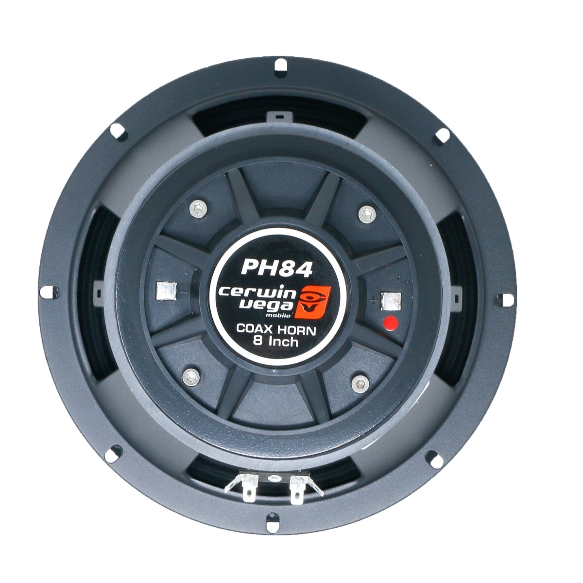 The image features the Cerwin-Vega 8" 2-Way Pro Full-Range Coax Horn Speakers - PH84. Its black circular frame with white lettering and a red label stands out, while protective ribs guard the speaker. The silver connectors at the bottom add a sleek touch to this pro audio equipment.