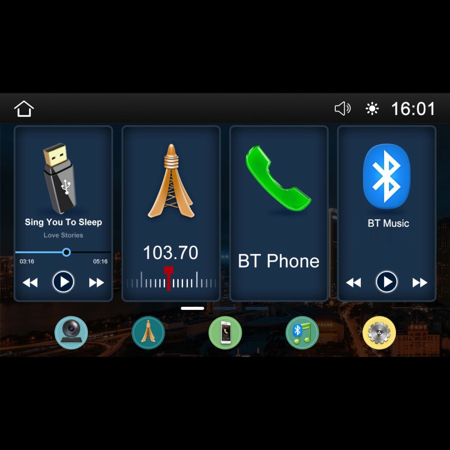 The 2014-2023 Harley Davidson® Plug N-Play Media Receiver - RPMHD14 features an infotainment display with options including USB, "Sing You To Sleep," FM 103.70, and a green BT Phone icon. It also includes BT Music, camera, music, and settings icons below the time set at 16:01.