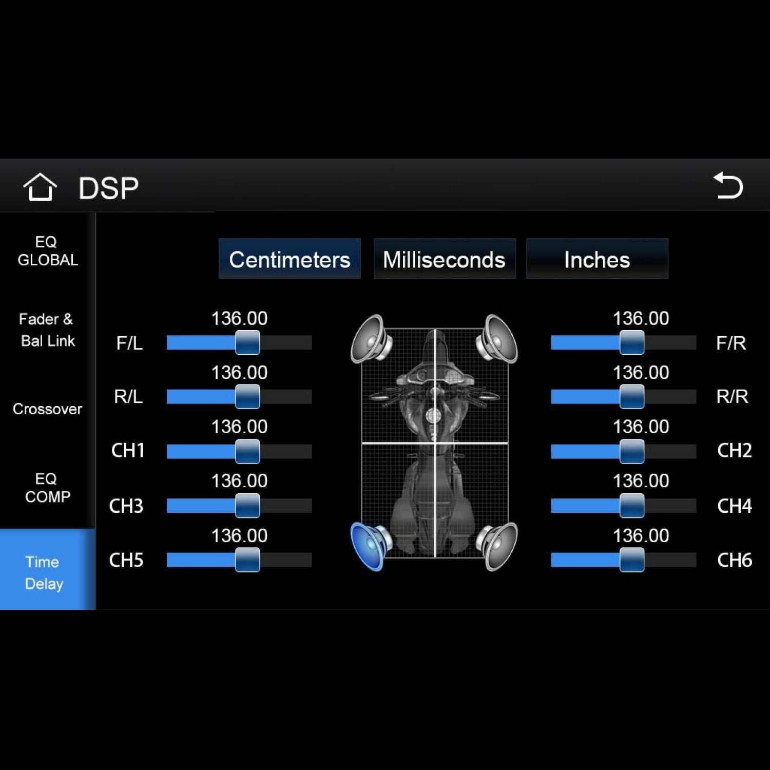 The RPMHD14 Media Receiver features an audio interface for Harley Davidson bikes, offering DSP time delay adjustments. Options in cm, ms, and inches allow delays up to 136.00 between channels F/L to CH6. Speaker icons and a central diagram enhance the display, with navigation arrows at the sides.