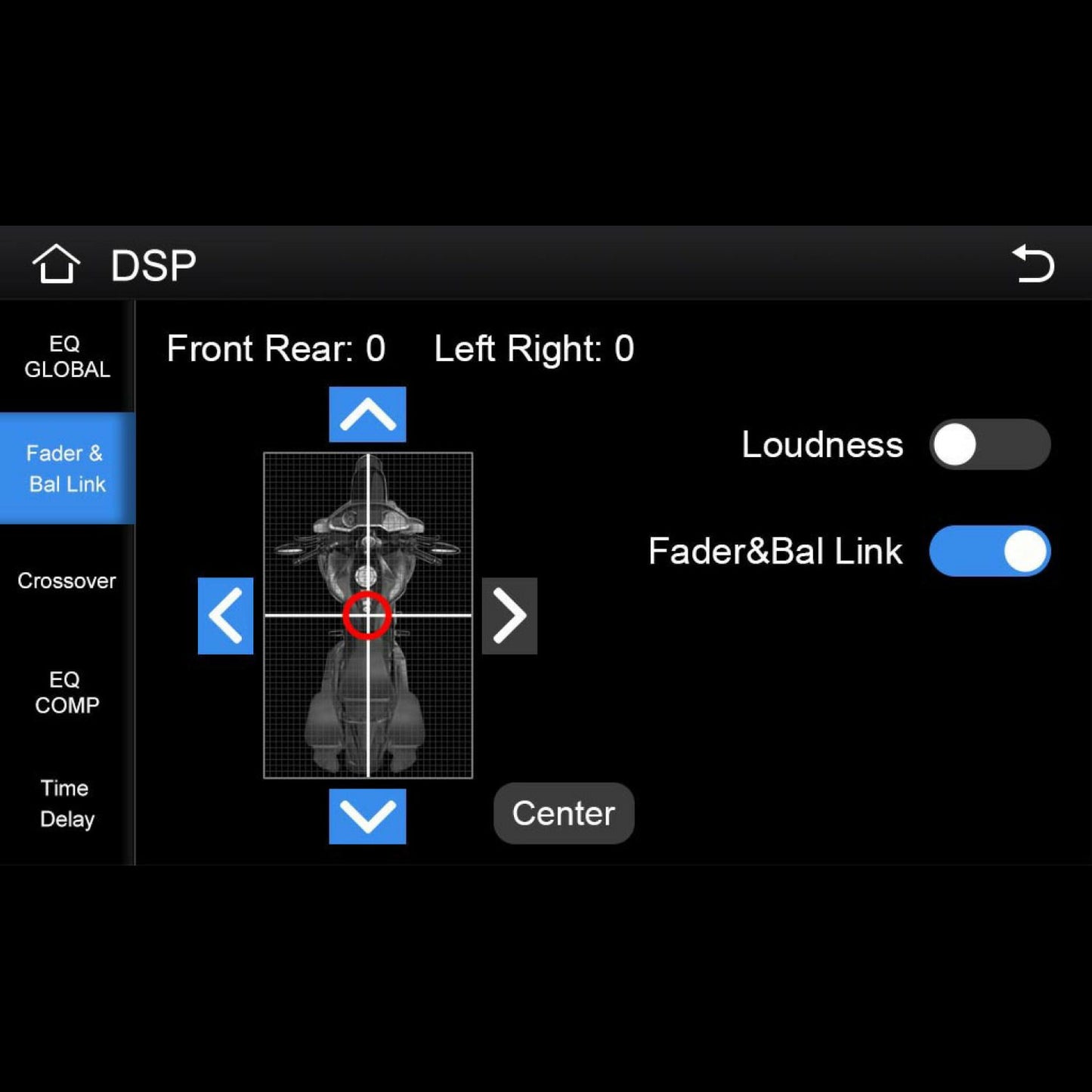 The 2014-2023 Harley Davidson® Plug N-Play Media Receiver - RPMHD14 is compatible with your Harley, offering DSP settings like an equalizer, fader and balance link, crossover, EQ COMP, and time delay. It features red crosshair center display controls; the loudness is off while fader & balance link is on.