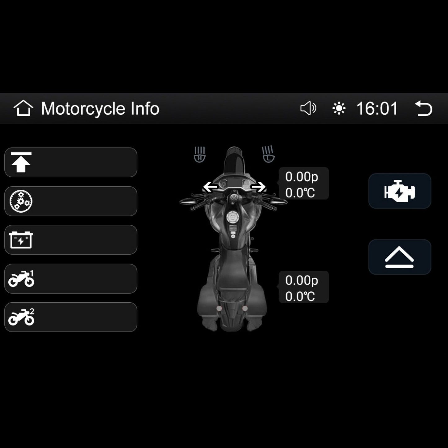 A digital screen displays motorcycle info with a top-view Harley Davidson graphic. Setting symbols show temperature (0.0°C), pressure (0.00p), gear shift, and time (16:01). Navigation icons top the black background, ideal for the 2014-2023 Harley Davidson® Plug N-Play Media Receiver - RPMHD14.