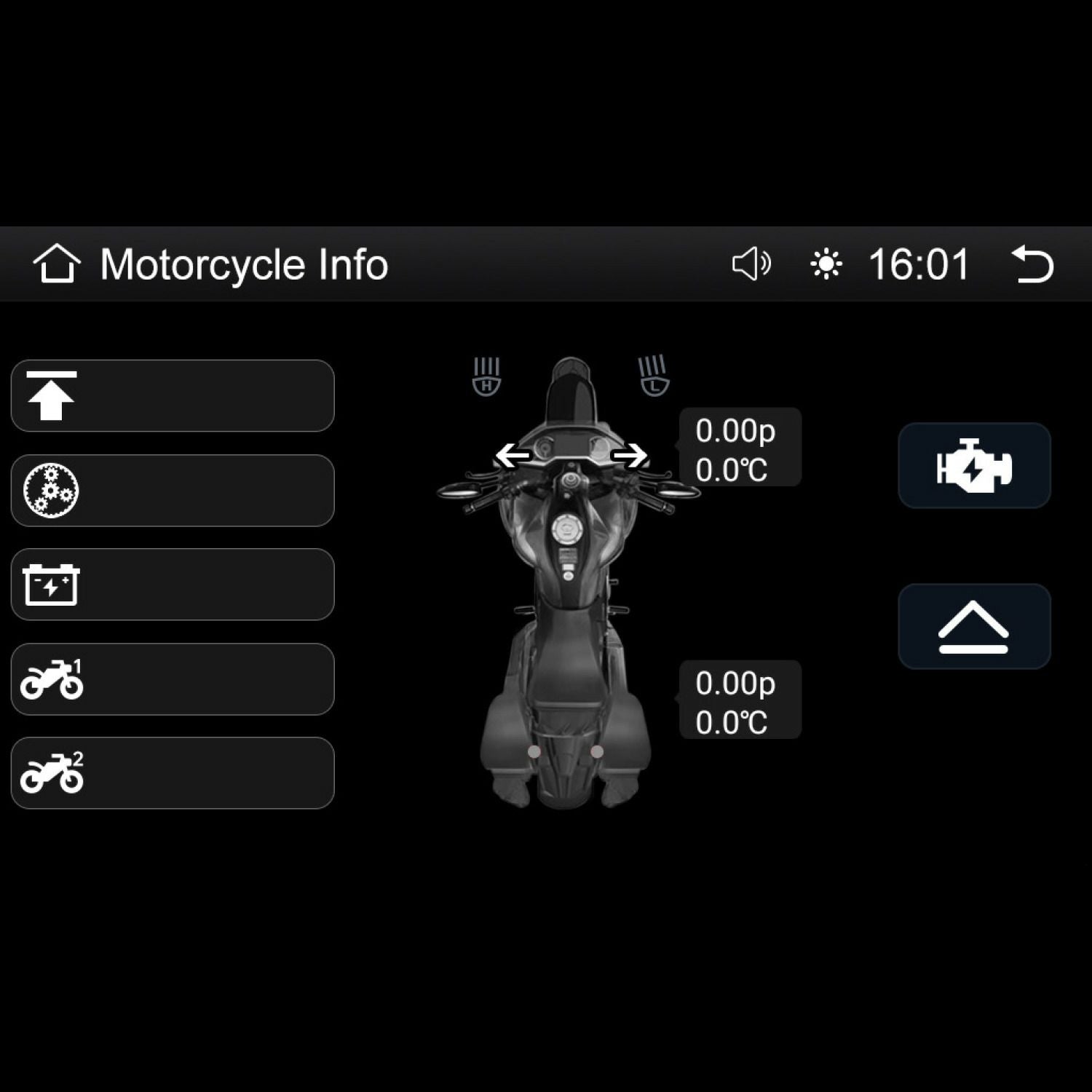 A digital screen displays motorcycle info with a top-view Harley Davidson graphic. Setting symbols show temperature (0.0°C), pressure (0.00p), gear shift, and time (16:01). Navigation icons top the black background, ideal for the 2014-2023 Harley Davidson® Plug N-Play Media Receiver - RPMHD14.
