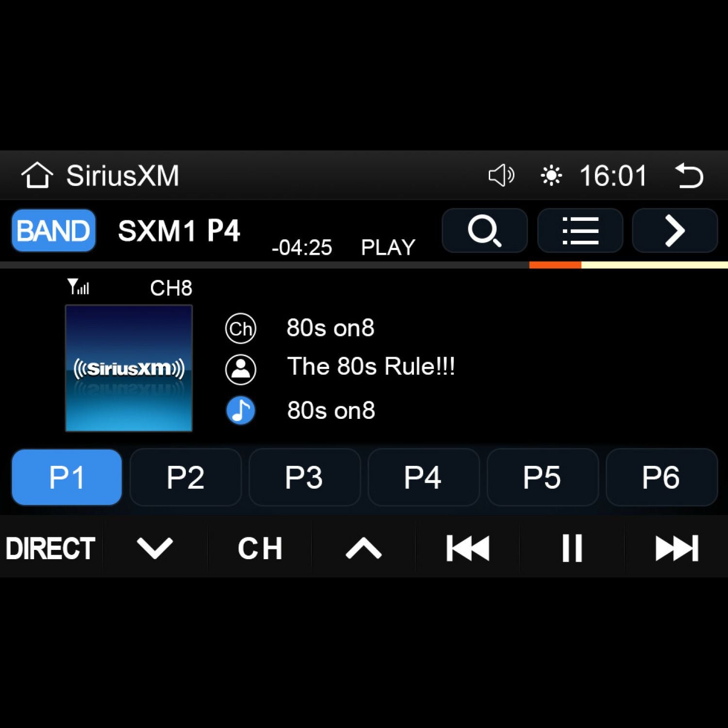 The 2014-2023 Harley Davidson® Plug N-Play Media Receiver (RPMHD14) displays SiriusXM's channel 8 "80s on 8," playing "The 80s Rule!!!" with options for play, pause, and favorites (P1-P6), mimicking a Harley Davidson dashboard. Time shows as 16:01 with volume and channel controls below.