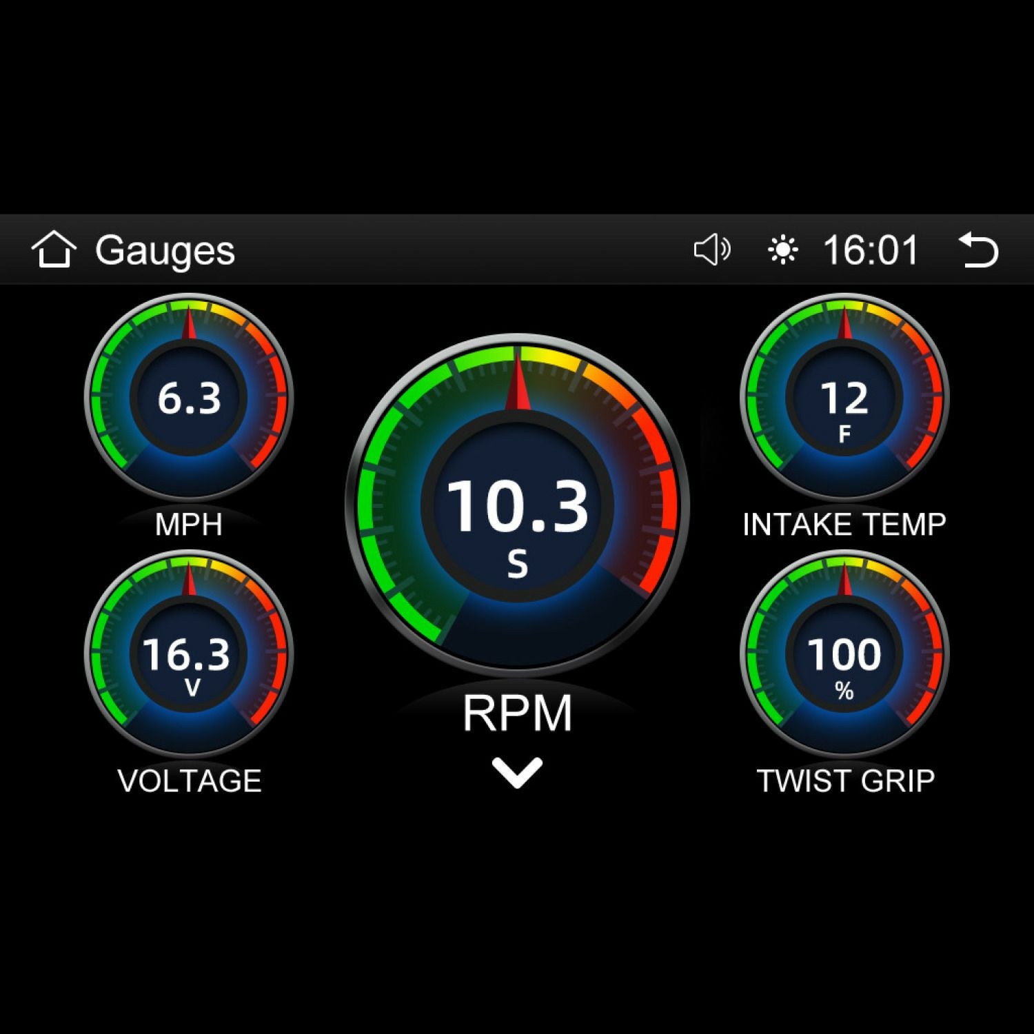 The Harley Davidson-style digital dashboard features a center gauge for the RPMHD14 at 10.3 S RPM, with top left showing 6.3 MPH, top right at 12°F intake temp, bottom left displaying 16.3 V voltage, and bottom right showing 100% twist grip—all against a sleek black background with icons for home, speaker, and clock at 16:01.