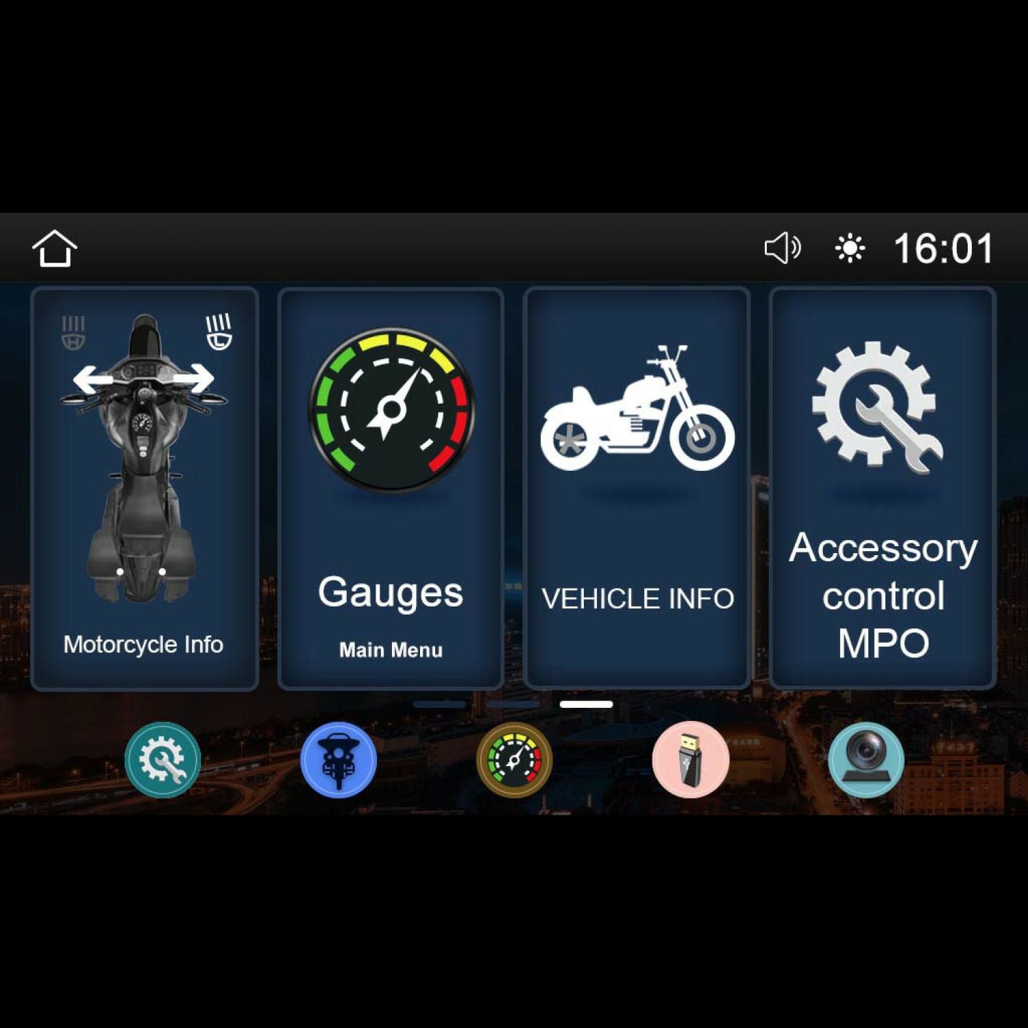 The 2014-2023 Harley Davidson® Plug N-Play Media Receiver - RPMHD14 digital dashboard has four main icons: "Motorcycle Info," a colorful speedometer in "Gauges Main Menu," a motorcycle silhouette for "Vehicle Info," and a gear icon for "Accessory Control MPO." A speaker and time (16:01) are on the top right.