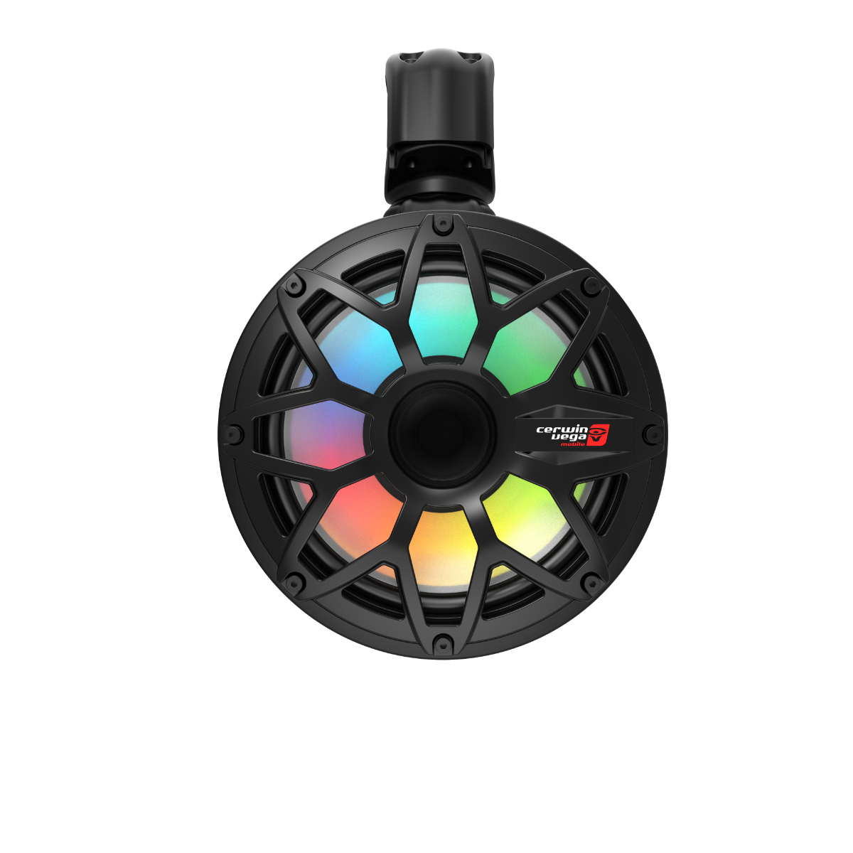 The RPM Stroker 2-Way 8" Long Pod Speaker System (SL8F4B) showcases a sleek design with a round black speaker, central grille, and colorful LED lights. A logo and "certified ultra" text are on the right side, while the top features a cylindrical component for mounting.