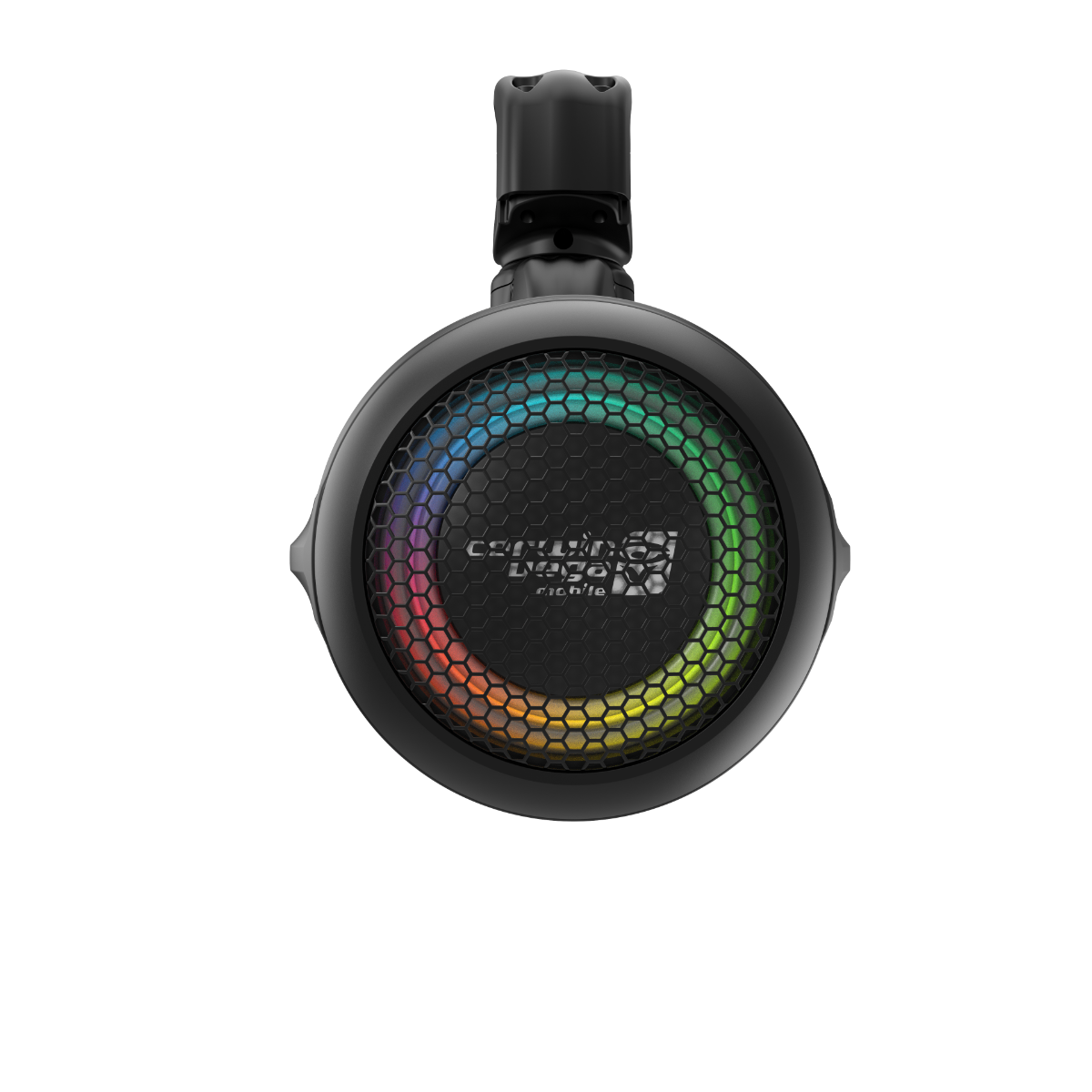 The RPM Stroker 2-Way 8" Long Pod Speaker System in black showcases a honeycomb design with an LED ring that transitions through colors, highlighting its high-performance capabilities. The "Colorway Hyper" branding at the center and modern lighting effects enhance its tech-savvy appeal.